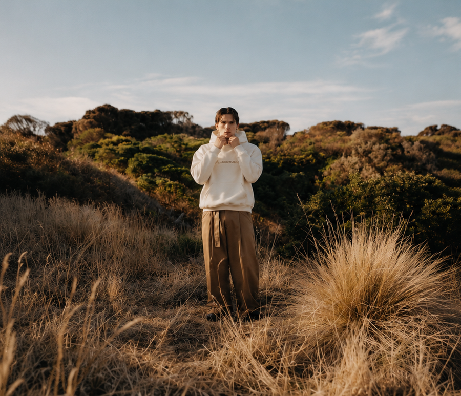 The Logo Hoodie in Cream, worn in the dunes