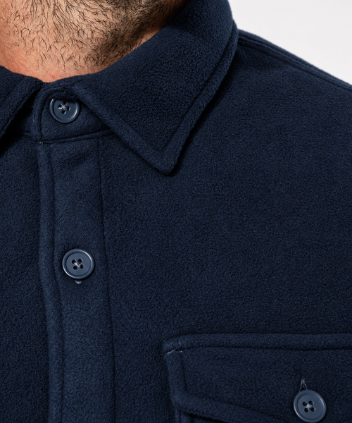 The Fleece Overshirt in Navy, collar and placket close-up