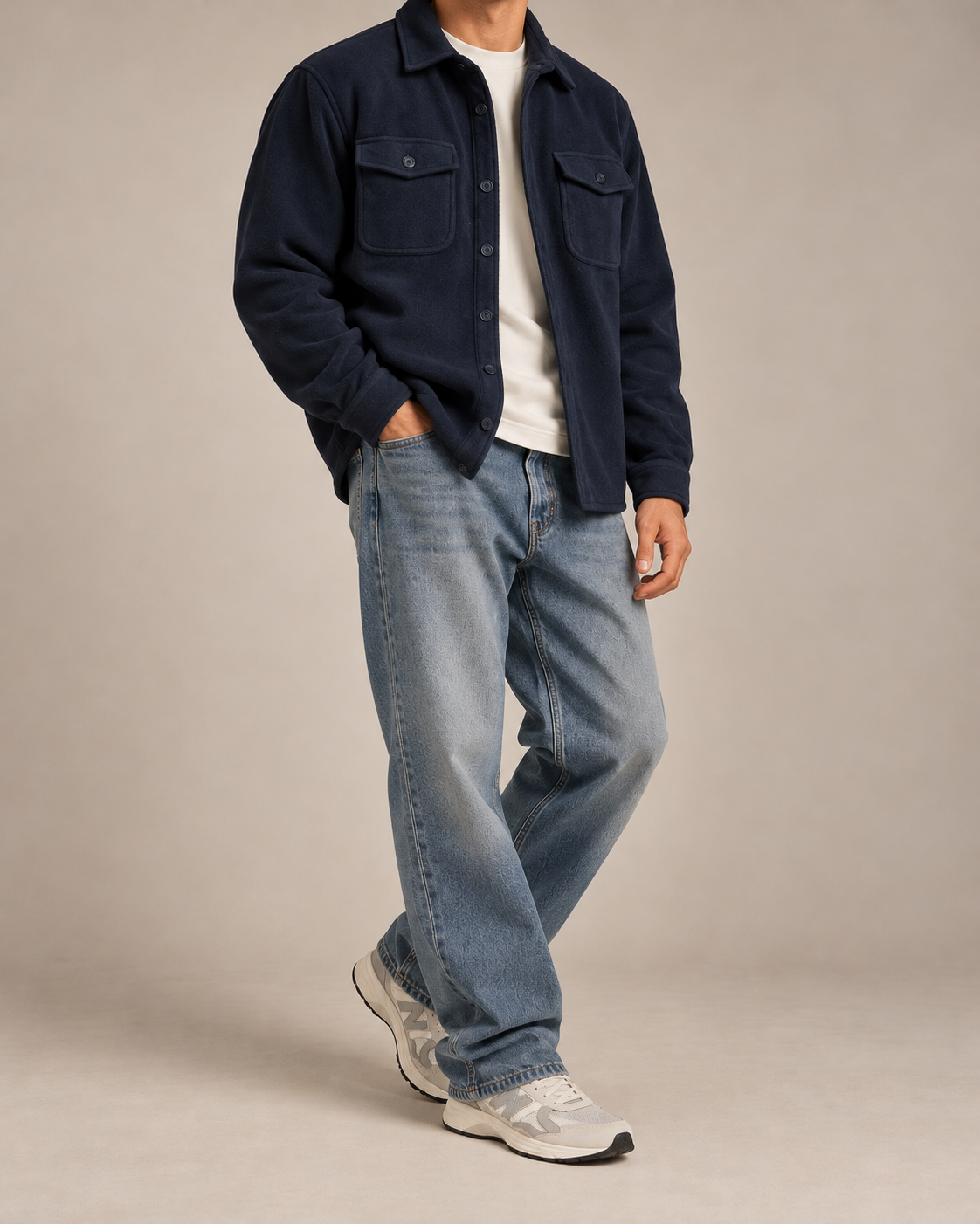 The Fleece Overshirt in Navy, side view on model