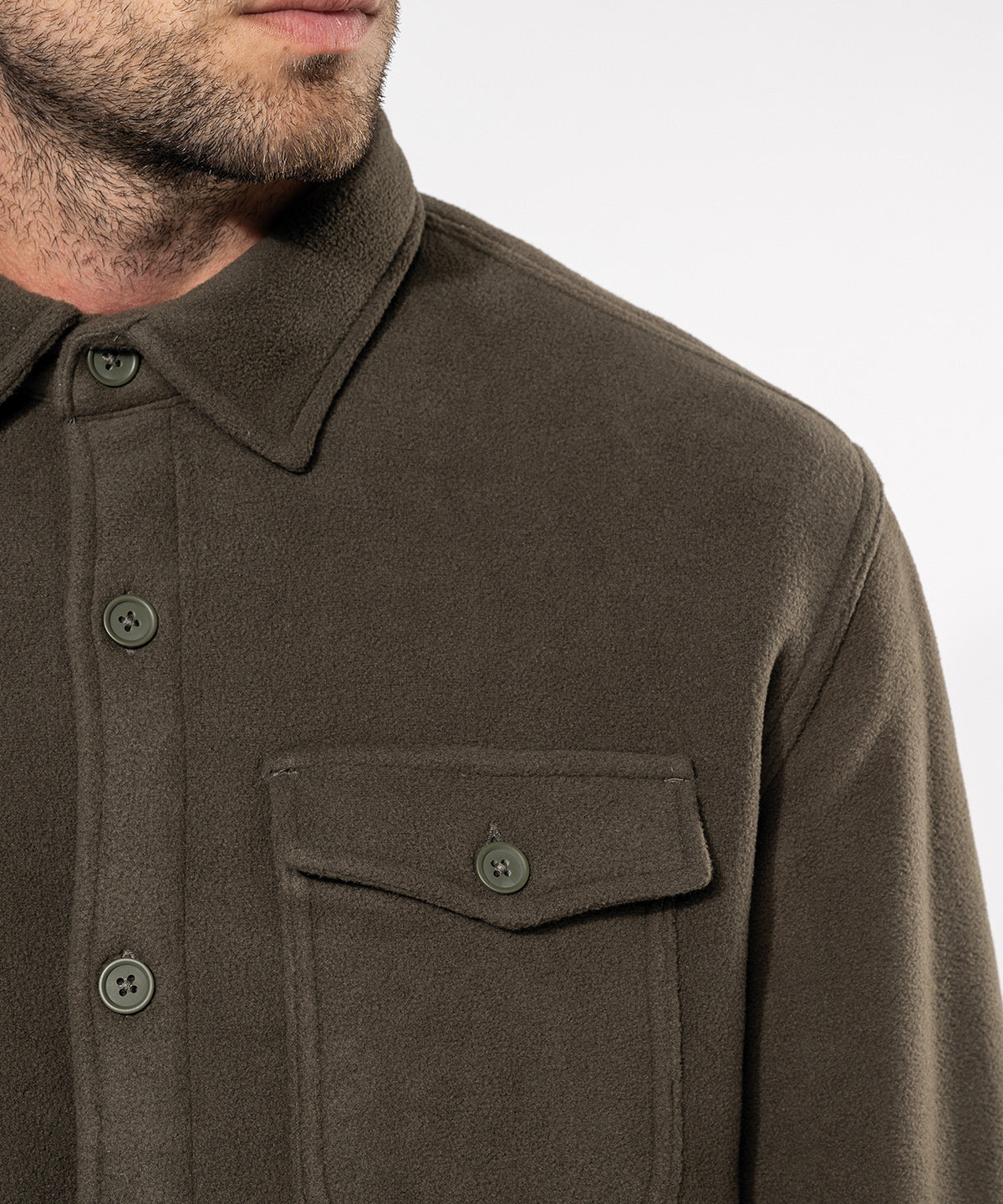 The Fleece Overshirt in Olive, collar and chest pocket close-up