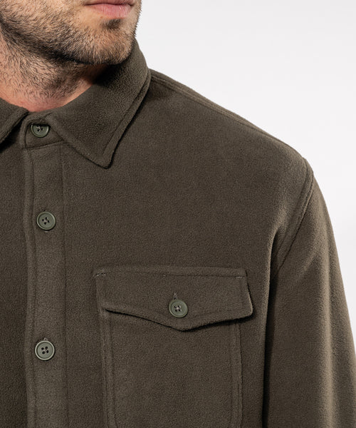 The Fleece Overshirt in Olive, collar and chest pocket close-up