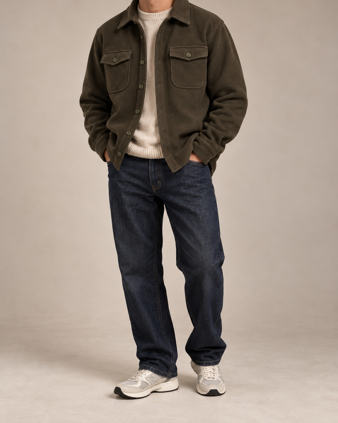 The Fleece Overshirt in Olive, worn open over a cream knit