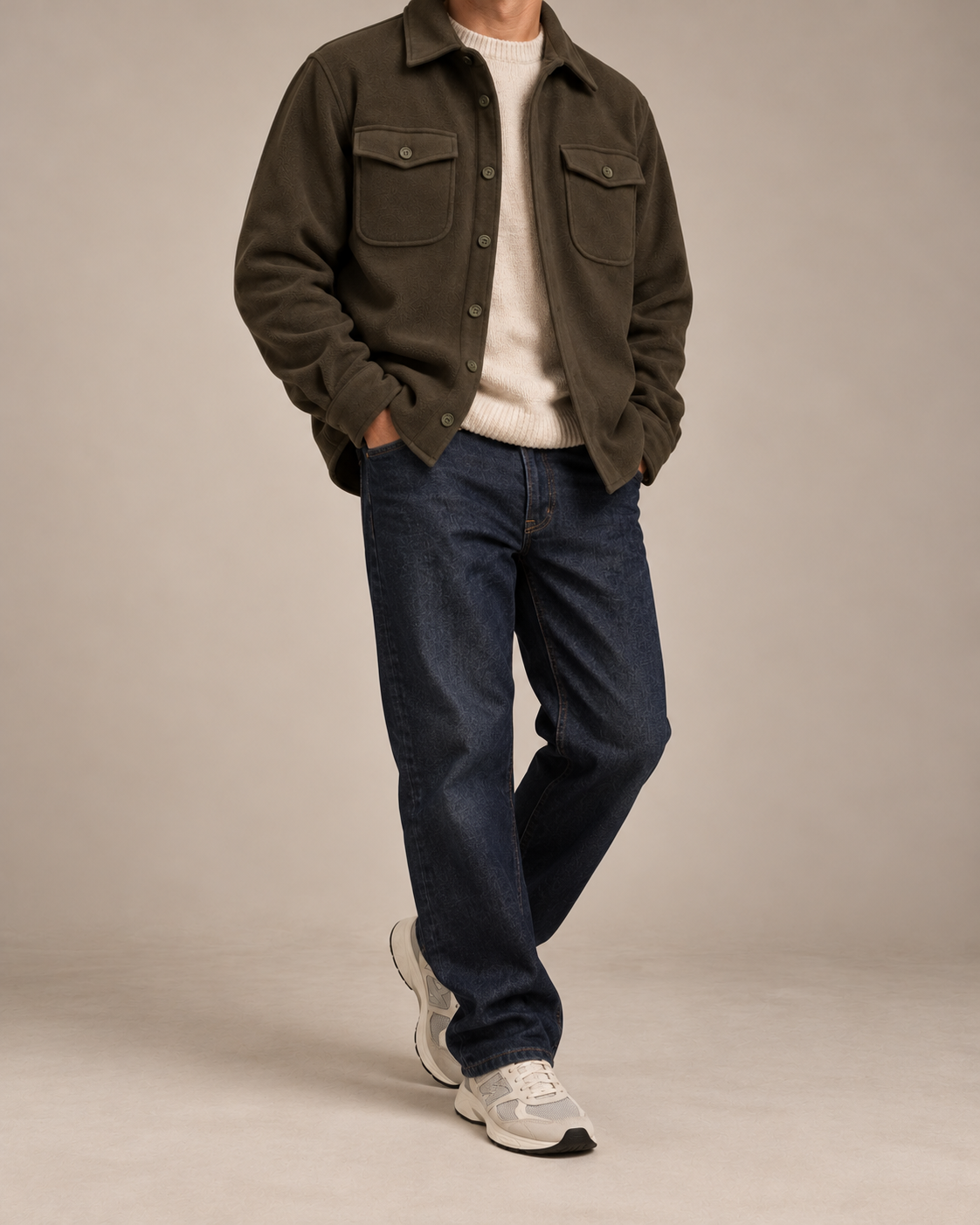 The Fleece Overshirt in Olive, side view on model